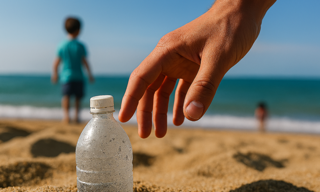 砂浜に半分埋まったモノクロのペットボトルと拾い上げようとしている手。背景には二人の子どもの後ろ姿