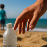 砂浜に半分埋まったモノクロのペットボトルと拾い上げようとしている手。背景には二人の子どもの後ろ姿