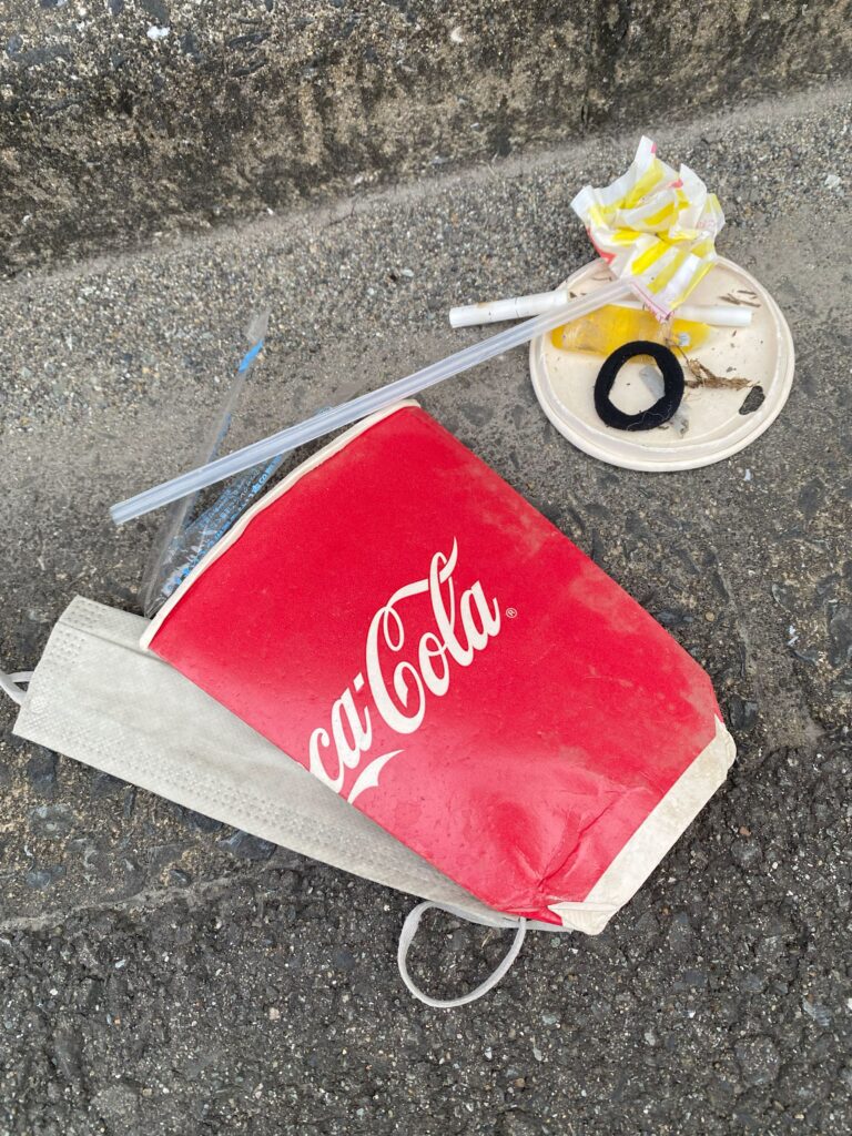 町内清掃活動で回収したタバコの吸い殻やプラスチック製品の様子