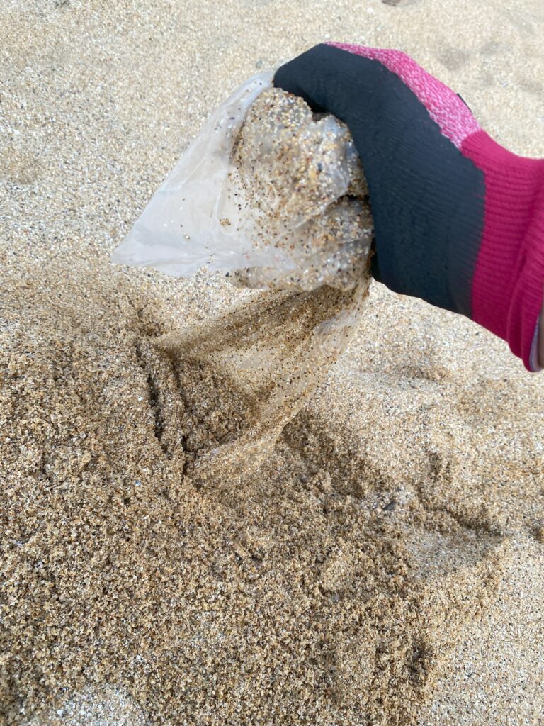 砂浜に埋没したビニール袋を取り出している様子