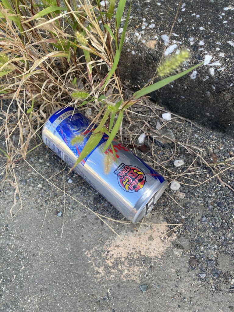 ポイ捨てされたレッドブルの空き缶
